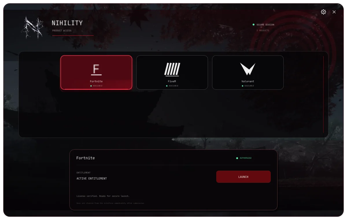 Nihility MultiLoader product catalog showing Fortnite, FiveM, and Valorant